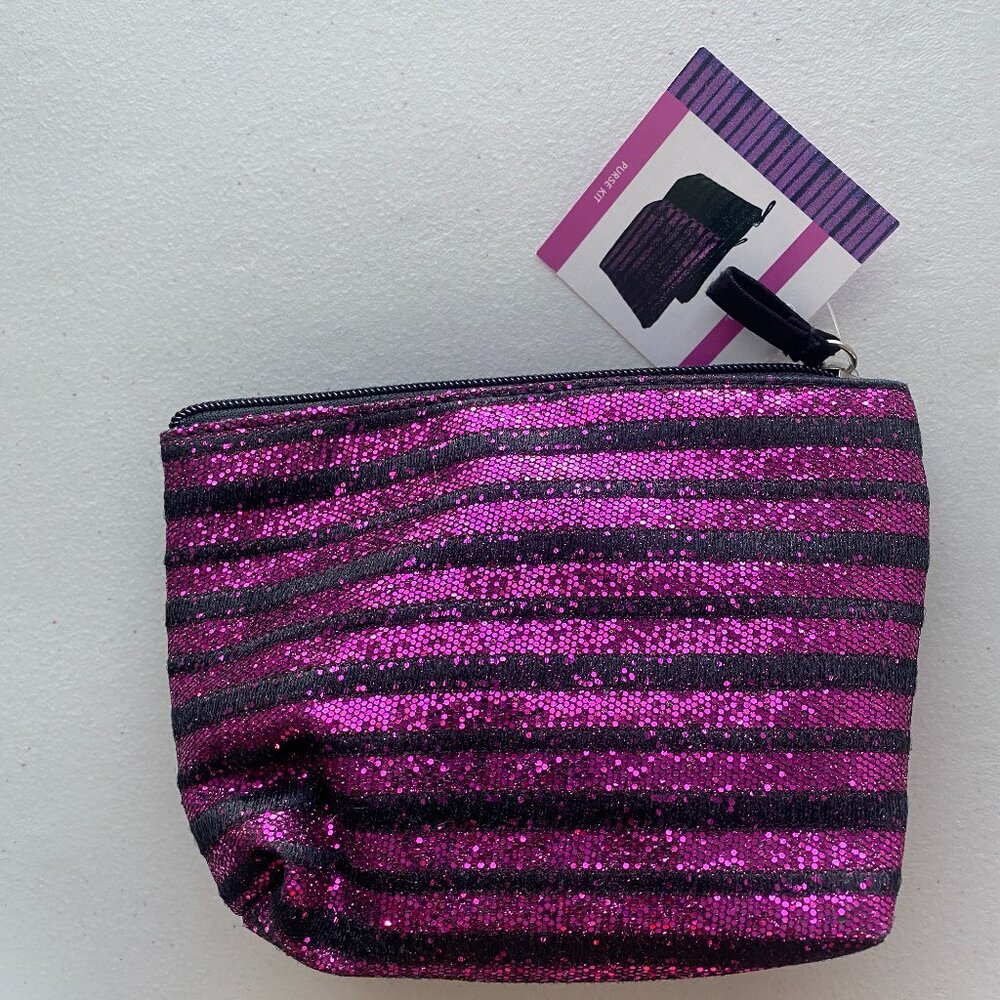 Modella Zippered Travel Makeup Accessory Black Pink glitter Purse kit 5"x 7"